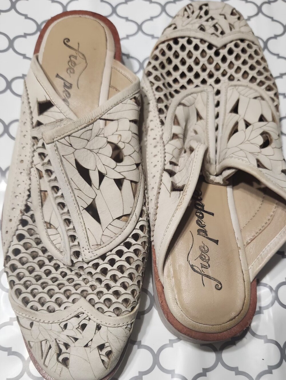 Free People Cream Laser-Cut Leather Mule Flats